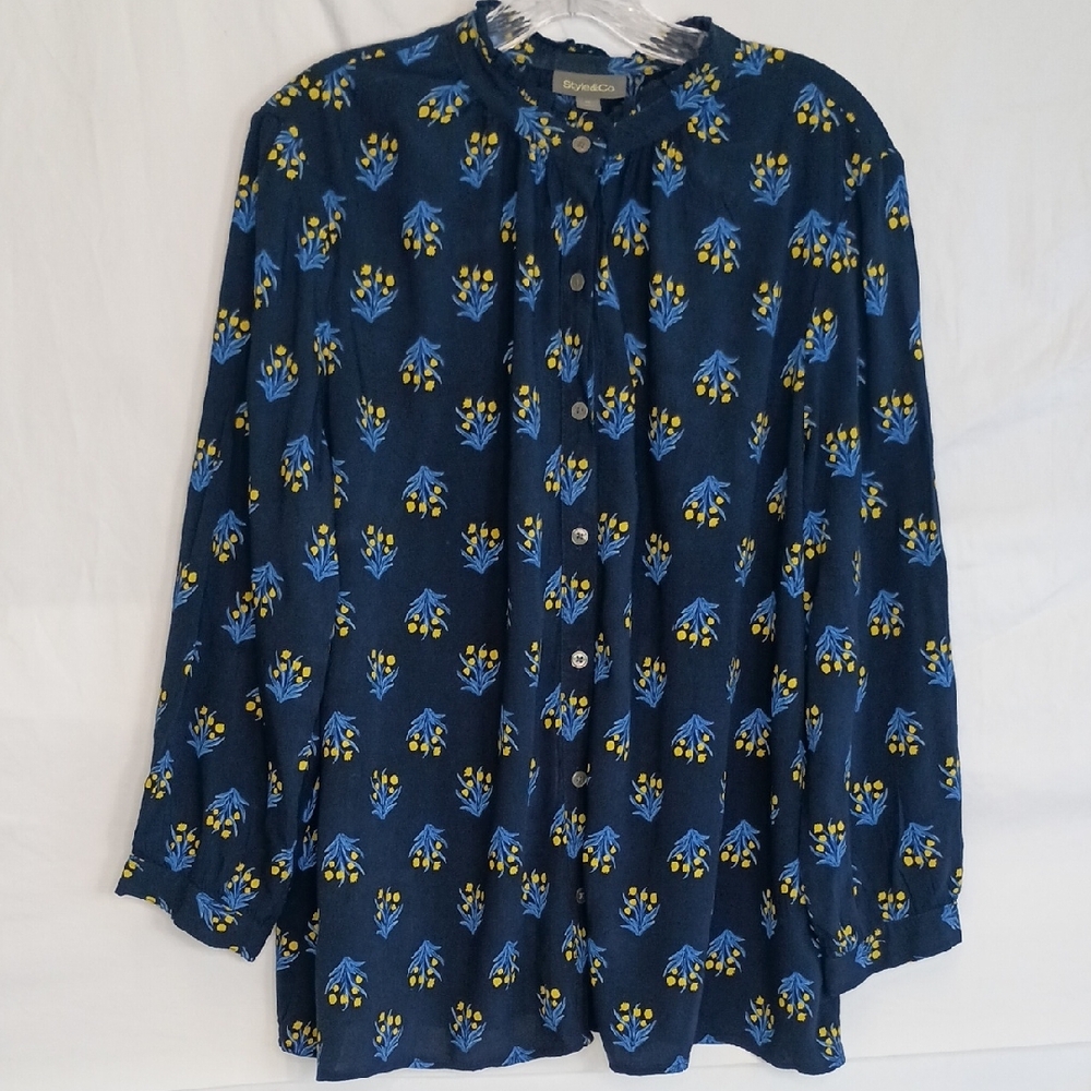 Style & Co. Navy Floral Button-Front Top Women's Size XL Popover Blouse